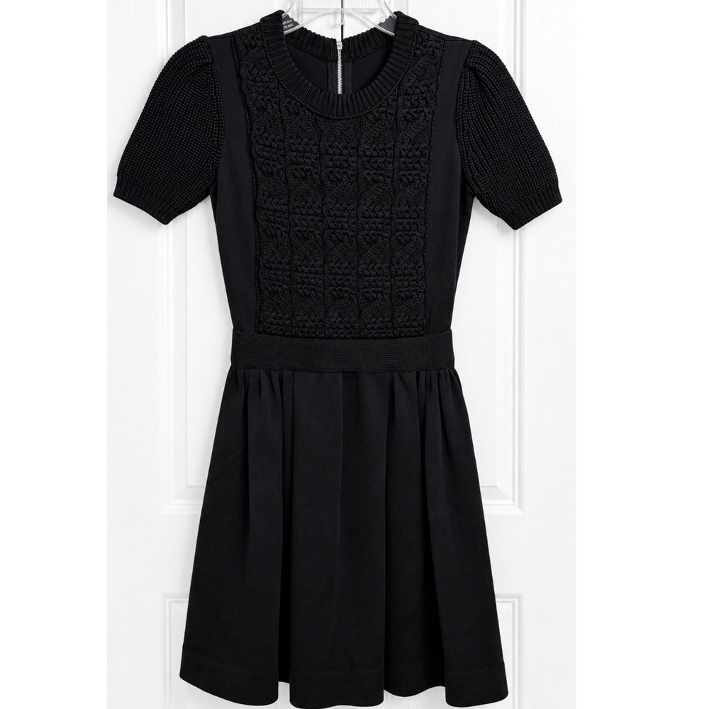 Prada Womens 40 Black Cable Knit A-Line Dress Short Sleeve Wool Blend Italy